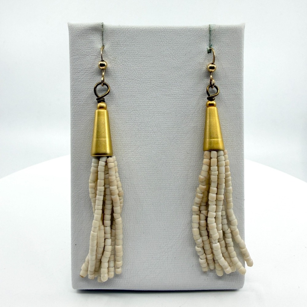 Gold Tone Cream Seed Bead Tassel Dangle Earrings Boho Statement Jewelry